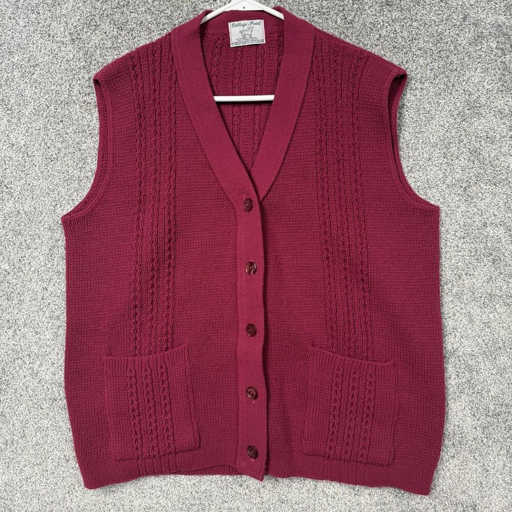Vintage 80s 90s College Point Sweater Vest Women L Pink Knit Preppy Cottagecore